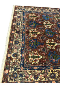 Side view of a Persian Bakhtiar Rug, emphasizing the nature-inspired floral patterns and vibrant color combinations.