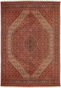 Full view of 8 x 11'5 Persian Bijar Rug showing traditional Herati design and rich red field.