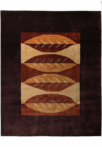 Full view of 8x10 modern handmade wool rug in brown and earth tones with geometric leaf design