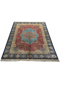 Vintage 6x9 oriental Chinese silk rug signed Kurosh, hand-knotted in pure silk with medallion design.