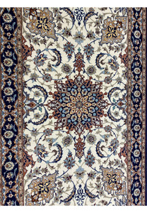 Detailed view of ivory field with scrolling vines and blue, rust, and taupe floral motifs on Persian Isfahan runner.