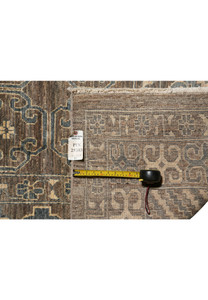 Zigler Transitional Rug backside showing hand-knotted wool weave, earthy grey-brown tones, and geometric border motifs.