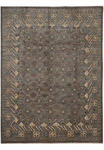 9x12 Zigler Transitional Rug with earth brown and grey tones, beige highlights, hand-knotted wool, geometric all-over pattern.