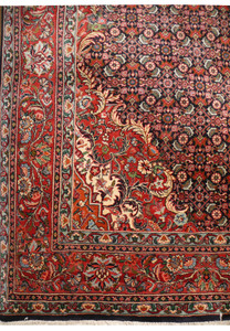 Border close-up with red ground and oversized palmettes in ivory and blue