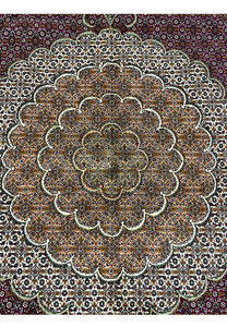 Central medallion of 10x10 Tabriz 50 Raj Persian Rug with layered scalloped petals in ivory, rust, and gold tones