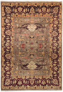 Full overhead view of Afghan Chobi Peshawar Rug 8'4 x 10 with taupe, beige, and burgundy colors