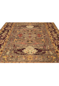 Midfield close-up of Afghan Chobi Rug showing floral and vine details on taupe background