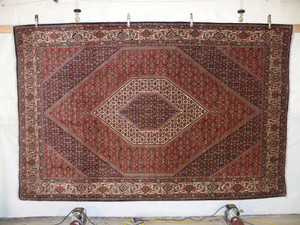 Hand-knotted Persian Bijar rug 6'8 x 10'6 displayed hanging, showing intricate floral patterns