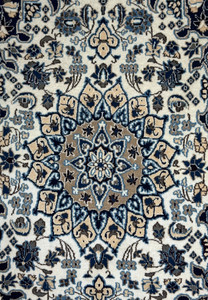 Medallion close-up of 2'9 x 4'10" Ivory Nain Persian Rug with beige, blue, and navy petals