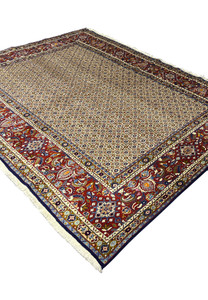 Angled view of Persian Moud All-Over Rug highlighting intricate border and ivory field