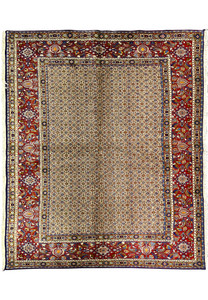 Full view of 6'4 x 8 Persian Moud All-Over Rug with ivory field and red border