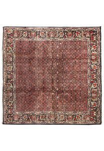 Full view of 8x8 Square Persian Bijar Rug with rust and navy floral allover design