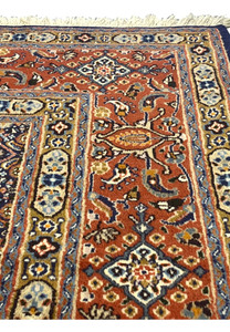 Close-up of 6'5 x 6'9 Square Persian Moud rug showing detailed rust red border with floral and vine motifs outlined in blue, ivory, and gold tones.