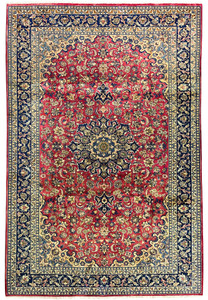 Full view of the 8'7 x 12'7 Distressed Persian Isfahan Rug showcasing its red field, navy medallion, and ivory floral borders in fine Persian craftsmanship.