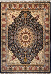 Full view of 8x10 Oriental 100% silk high-end rug featuring intricate medallion design, navy blue field, ivory and burgundy borders, and detailed floral motifs woven in fine silk craftsmanship.