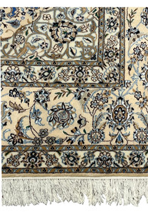 Detailed Beige border of Persian Nain rug with beige, gray, and light blue floral vines