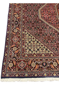 Side border close-up of Bijar Persian rug displaying intertwined floral scrolls, vine motifs, and the strong contrast between dark navy and rust tones.