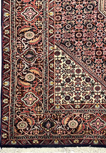 Detailed border view of Bijar Persian rug featuring intricate scrolling vines, small floral medallions, and layered tones of rust, navy, and beige.