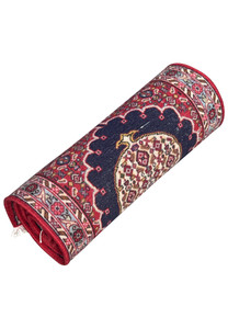 Persian Bijar runner rolled up, showing navy scalloped medallion on deep red field with ivory and pink floral borders.