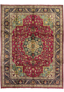 full view of 9'9 x 12'4 vintage Persian Tabriz rug with wine red field, ivory and navy medallion, teal corners, and ornate floral borders