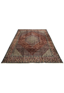 Large 10x13'5 Persian Bijar rug shown laid flat with dense geometric lattice and bold border florals