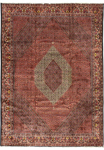 Full view of 9'9 x 13'2 Bijar Persian Iron Rug with brick red field, navy details, and cream medallion.