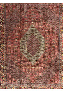 Close-up of the upper field showing brick red Herati motifs on the Bijar Persian Iron Rug.