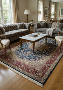 blue floral field, ornate central medallion, and deep red borders of this Persian Isfahan wool and silk rug