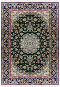 7x10 deep forest green Persian Nain 9LA rug with ivory medallion, navy floral border, fine wool and silk detail, hand knotted in Iran