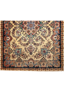 Lower border view showing deep teal frame with coral floral panels and ivory trim