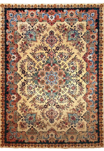 Ivory field Persian Tabriz rug with coral medallion, teal border, slate blue floral scrolls and symmetrical classical design