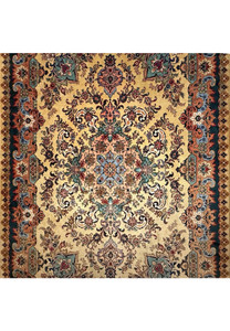 Midfield view showing scrolling vines, blush flowers, moss green leaves and golden beige background