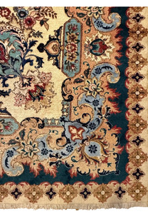 Full border detail showing teal main border with coral medallions and slate blue decorative scrolls