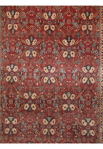 Midfield detail of floral Bijar rug with brick red field, ivory flowers, steel blue vines, navy outlines, and walnut accents