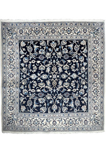 6'6 x 6'8 square Persian Nain rug with navy blue field, ivory floral medallion, and detailed vine scroll design