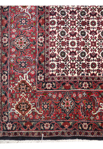 Detailed border view of Bijar Persian rug showing red background, navy outlines, cream flowers, and scrolling vinework