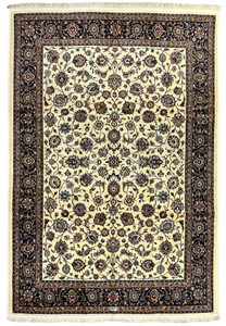 8x12 Signed Persian Mashad Saber rug with ivory field and dark navy floral border, full view