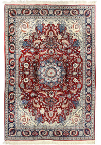 Full view of an 8'5 x 11'8 Persian Isfahan rug featuring a rich red floral field, detailed central medallion, and ivory framed border