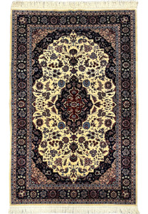 5'2 x 8 Persian Tabriz rug with ivory field, central medallion, and dark navy floral border