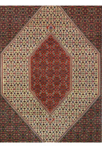 Close up of Persian Bijar rug medallion with red ivory and navy geometric motifs