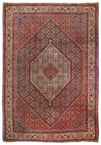Deep red 7x10 Persian Bijar iron rug with bold geometric medallion, hand-knotted wool, full view