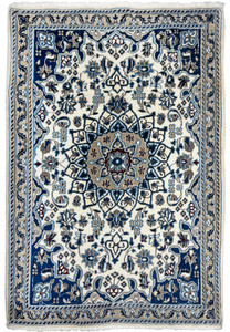 Hand knotted 3 x 4'7 Persian Nain rug with ivory field and blue floral medallion, wool pile and cotton foundation