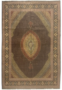 11'5 x 16'5 Persian Tabriz Mahi 50 Raj rug showing layered diamond medallion, dense allover herati pattern, and richly detailed floral borders in muted tones.