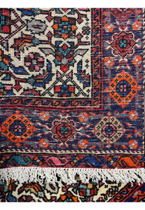Back view of a 3'4 x 4'9 Persian Gholtogh rug showing tight hand-knotted foundation, visible wool knots, and fine weave density
