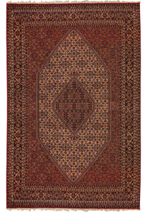 Full view of a 6'5 x 10 authentic Persian Bijar rug featuring a deep brick red field, ivory diamond medallion, dense floral motifs, and dark navy borders