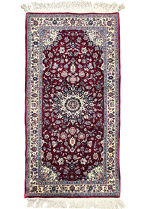 Full view of a 2'4 x 4'7 Persian Tabriz medallion rug with a rich burgundy field, ivory border, floral motifs, and balanced traditional layout