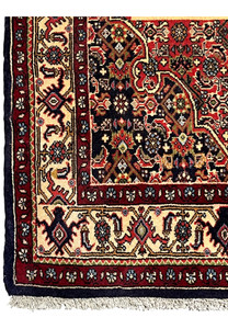 Border detail of a Persian Bijar rug showing repeating floral motifs, ivory ground, navy outlines, and precise hand-knotted craftsmanship
