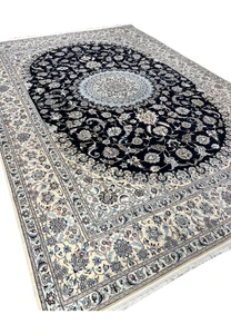 Perspective view of Persian Nain Habibian signed silk rug emphasizing depth, structure, and luminous silk pattern clarity