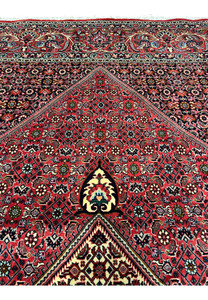 Upper section of a 9'8 x 13'7 Persian Bijar rug displaying structured geometric layout, red dominant field, ivory framing, and richly packed wool pile