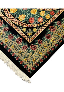 Edge detail of a 3'5 x 5'2 Persian Qum pure silk rug showing tight finishing, even silk pile, and sharply defined borders along the outer frame